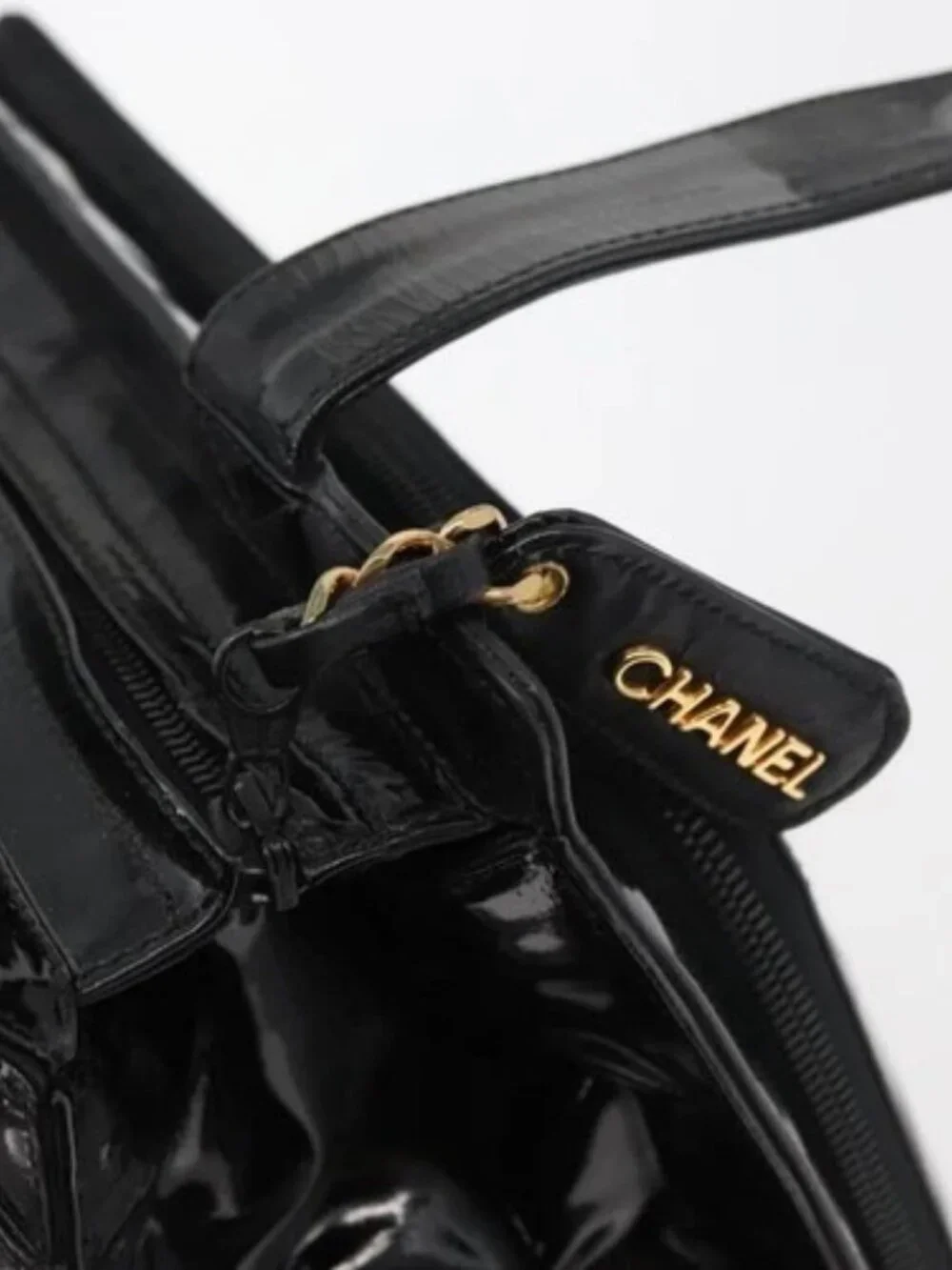 CHANEL COCO Mark Tote Bag Patent leather Black Gold CC Auth BAZ868